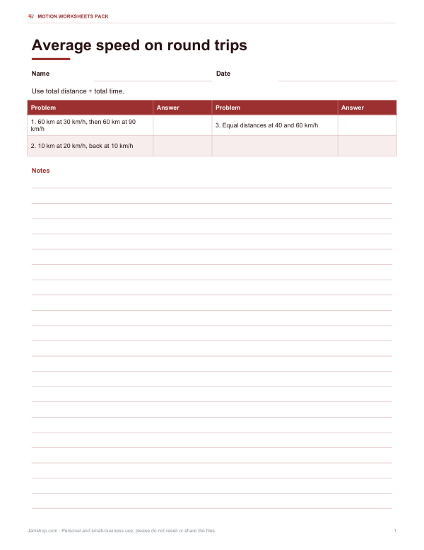 Preview of Printable Round Trips Average Velocity Worksheet
